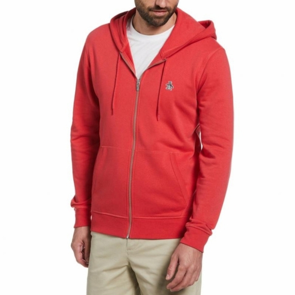 Original Penguin Zip-up Fleece Hoodie Sweatshirt Sticker Pete Rococco Red sz L - Picture 8 of 10